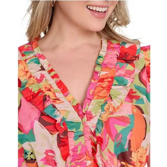 Vince Camuto Womens Floral Ruffle V-Neck Tiered Midi Dress Pink Orange Size 16 - Picture 3 of 8